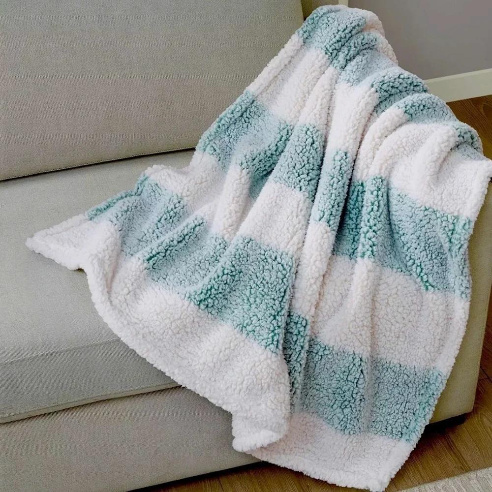 Cozy Sherpa Throw Blanket in Mint Stripe 50